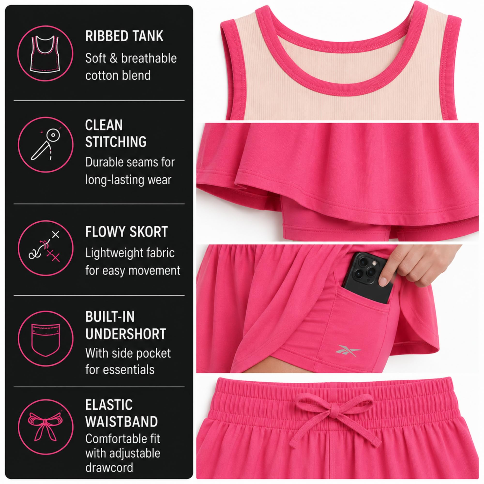 Reebok Conjunto de pantalones cortos para niña, 2 piezas, de punto acanalado, sin mangas y pantalones cortos de mariposa con cordón (tallas: 7-12)