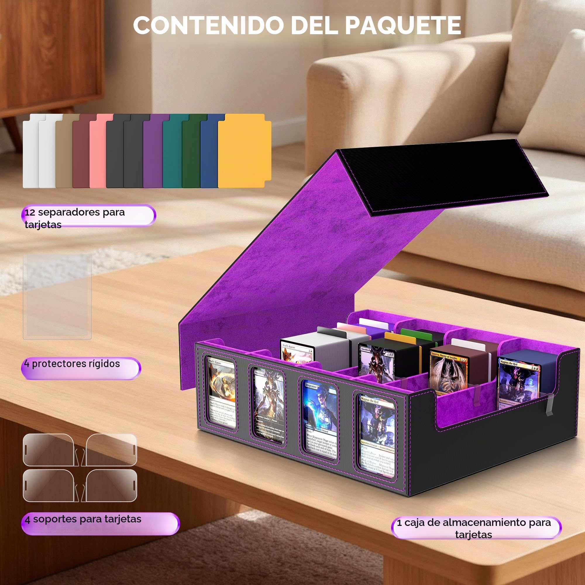 Caja de almacenamiento para tarjetas coleccionables Commander Deck Box para más de 2400 tarjetas MTG, funda para tarjetas deportivas TCG y PTCG con funda extraíble, 4 topes y 12 separadores (púrpura)