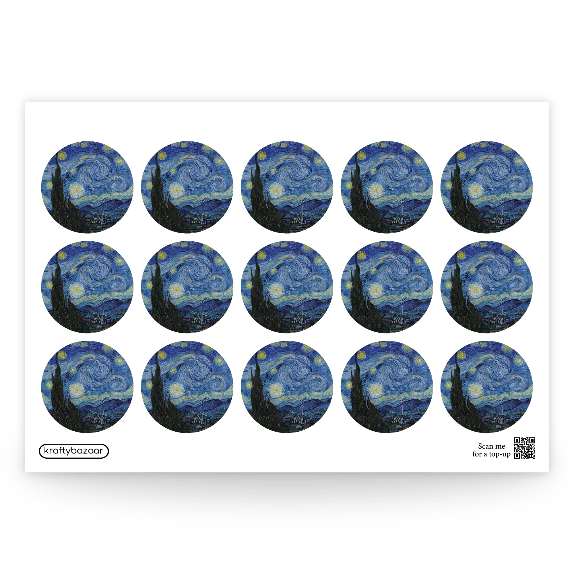 Vincent Van Gogh Starry Night Paper Labels, 37mm Self-Adhesive Stickers, Multipack Famous Paintings Craft Decor Labels (White Paper Labels, Pack of 360 Labels)