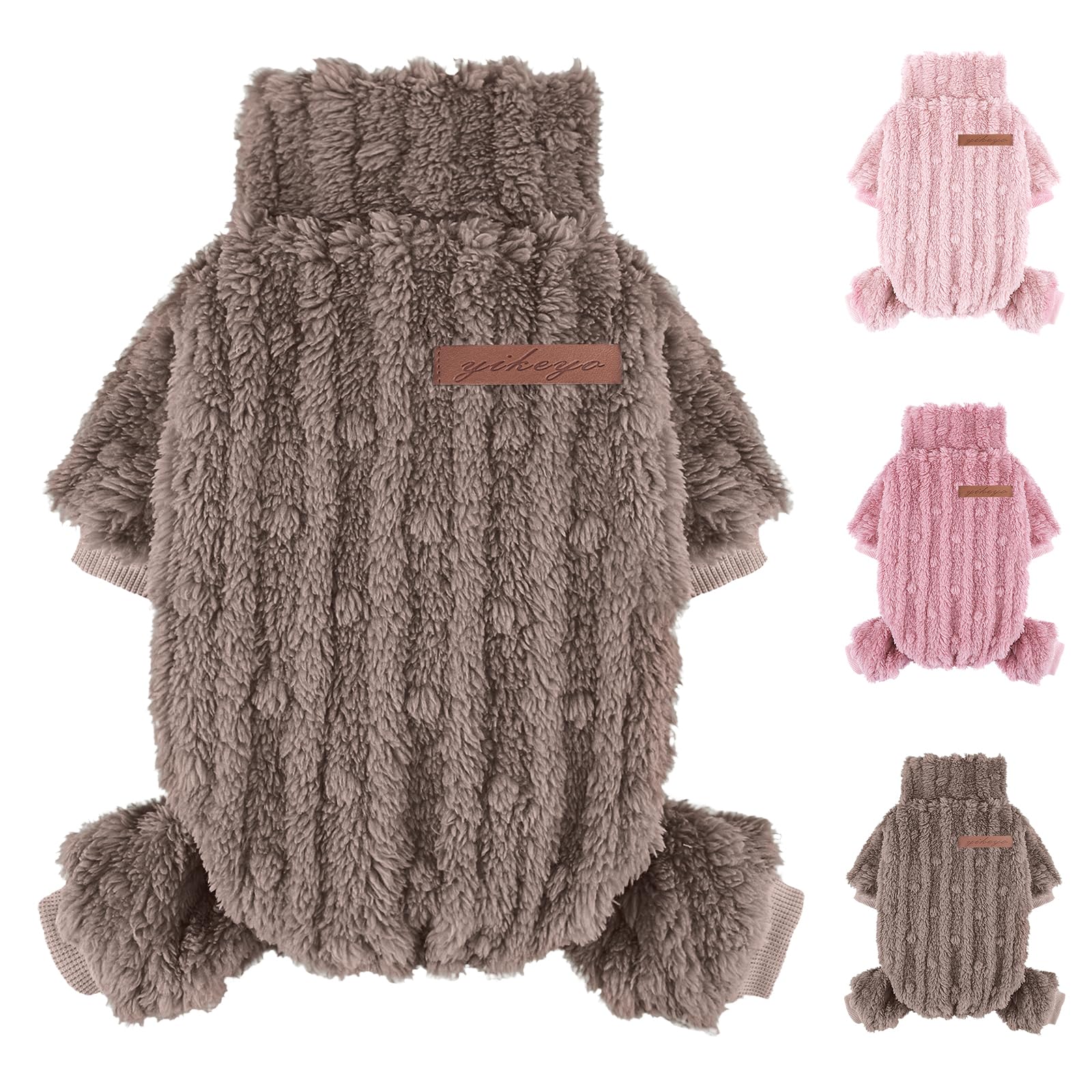 DaFuEn Dog Sweaters for Small Dogs,Dogs Sweater Onesie,Fleece Warm Puppy Pajamas,Chihuahua Yorkie Clothes,Pet Outfit Apparel (Khaki, Medium,1PC)