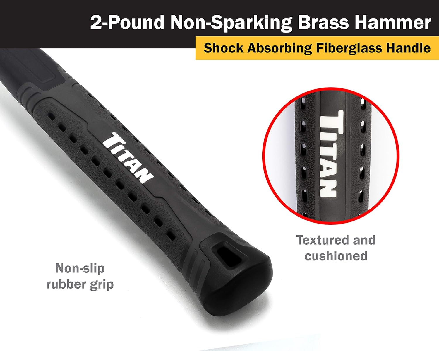 Titan 63216 2lb Solid Brass Hammer, Spark Resistant, Prevents Marring on Steel & Iron Surfaces, Overstrike Protection, 14.5" Shock Absorbing Fiberglass Handle with Textured Grip