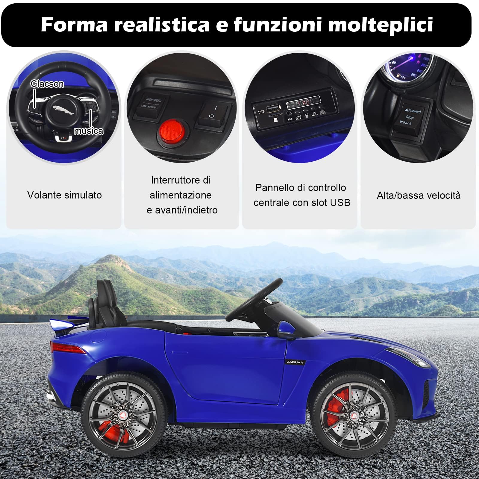 RELAX4LIFE Macchina Elettrica Jaguar F per Bambini 12V, con Telecomando 2.4G e Musica, USB, Luci LED e Clacson, 2 Portiere Apribili, 3 Anni+,107,5 x 66 x 50 cm (BLU)