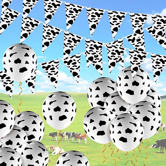 Zjoey 6.6 Feet Cow Print Pennant Bunting Banners with 20 Pcs Cute Western Cowboy Theme Latex Balloon for Kids Birthday Party Favor Supplies Decorations