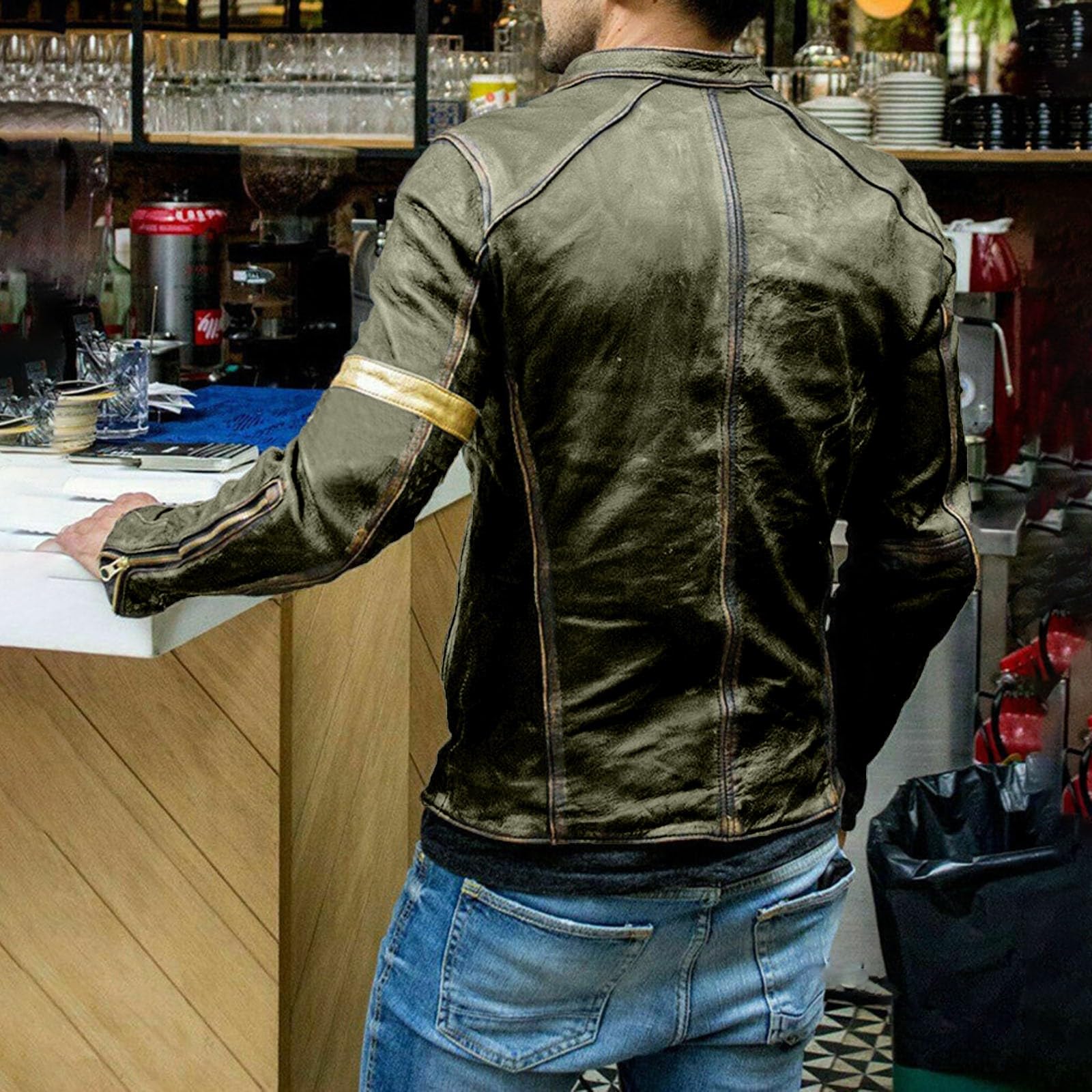 Veste en cuir pour homme - Vintage - Veste de moto surdimensionnée confortable - En cuir synthétique - Veste d'aviateur avec de nombreuses fermetures éclair et col montant - Style punk tendance