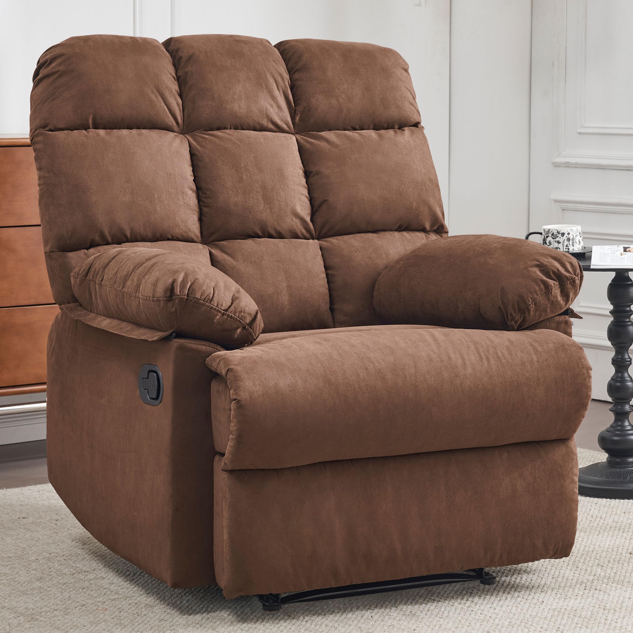 Rocker Recliner Chair for Adults, Overstuffed Large Manual Rocking Recliner, Upholstered Soft Fabric Living Room Reclining Sofa Chair (Brown)