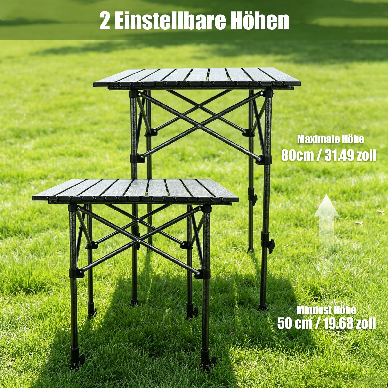 Campingtisch Klappbar, Klapptisch Höhenverstellbar 53x51cm | Camping Falttisch mit Ablagenetz, Tasche, Schwarz Campingtisch Faltbar für Picknick Camping Garten Kochen Angeln Outdoor