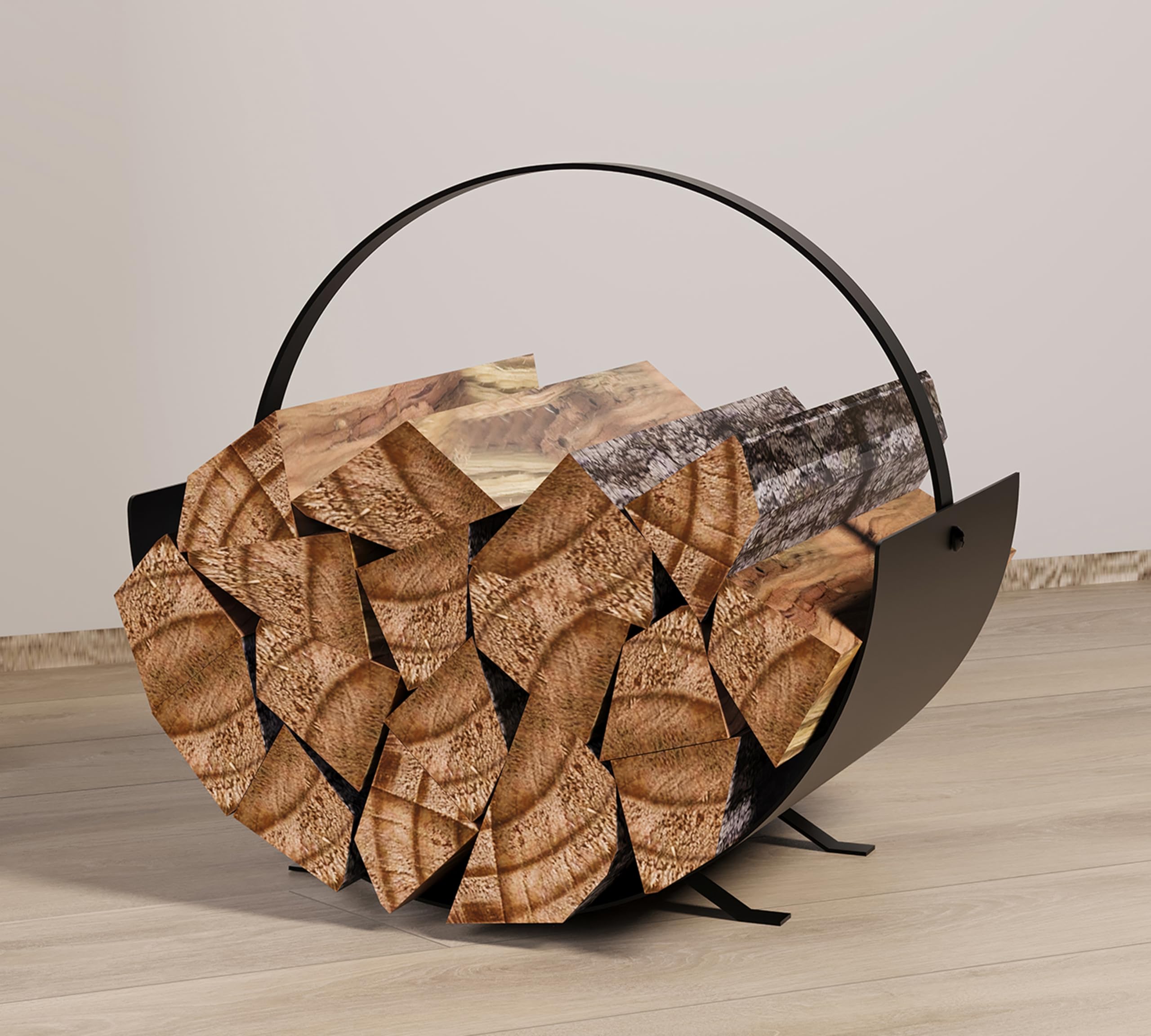 Kingson Cesta de leña para chimenea interior, soporte de troncos de acero arqueado con mango de hierro plano, almacenamiento de leña negro, soporte decorativo para leña, 35 x 28 x 36 cm