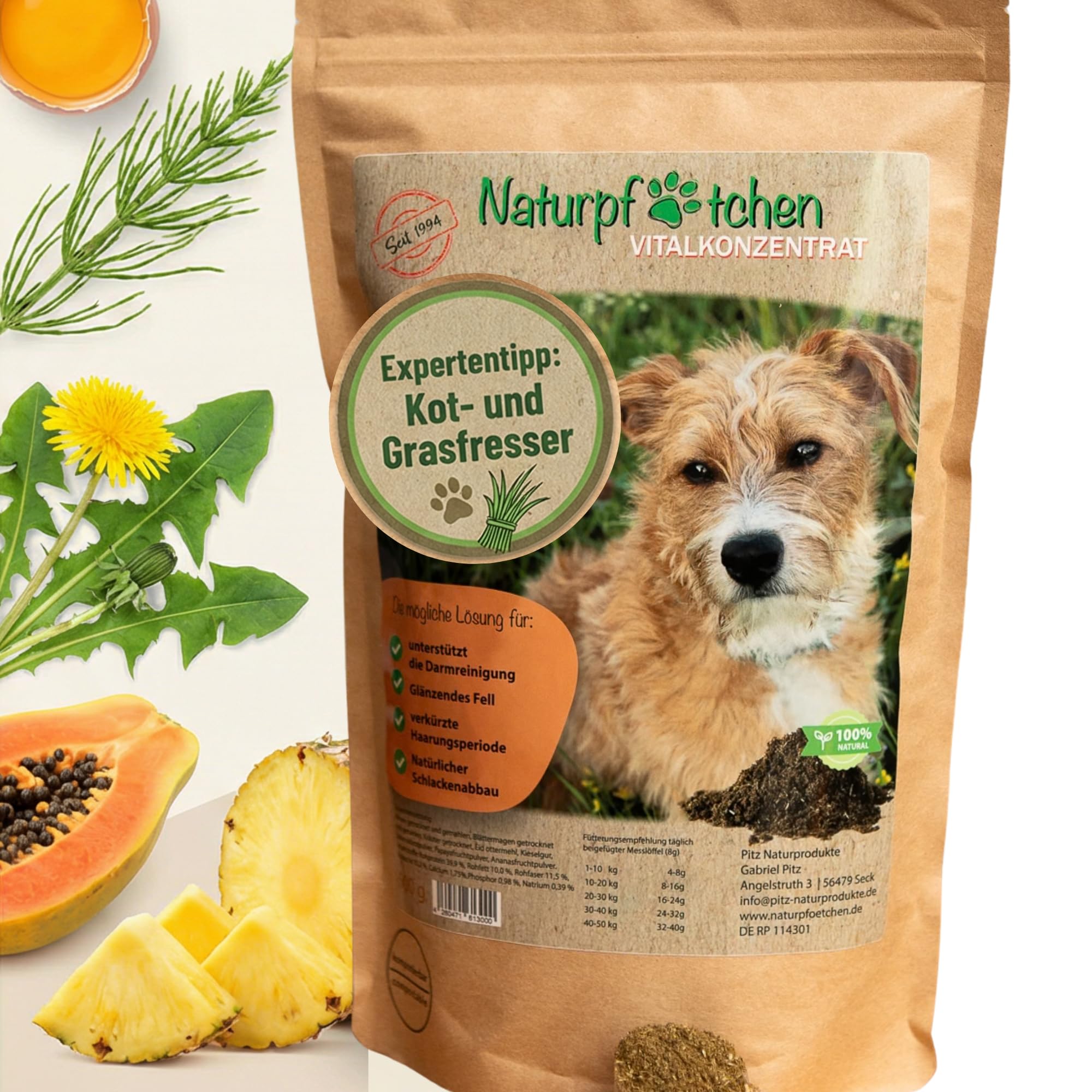 Naturpfötchen Vitalkonzentrat für Hunde 500g – Bei Kotfressen & Grasfressen – Ballaststoffreiches Futtertopping -Analdrüsenprobleme - Natürliche Darmkur & Immunsystem, Verdauung & Felllglanz Booster