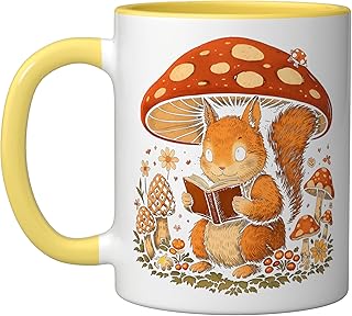 Whimsical Mushroom Squirrel Reading Under Toadstool Ceramic Mug, Yellow/White