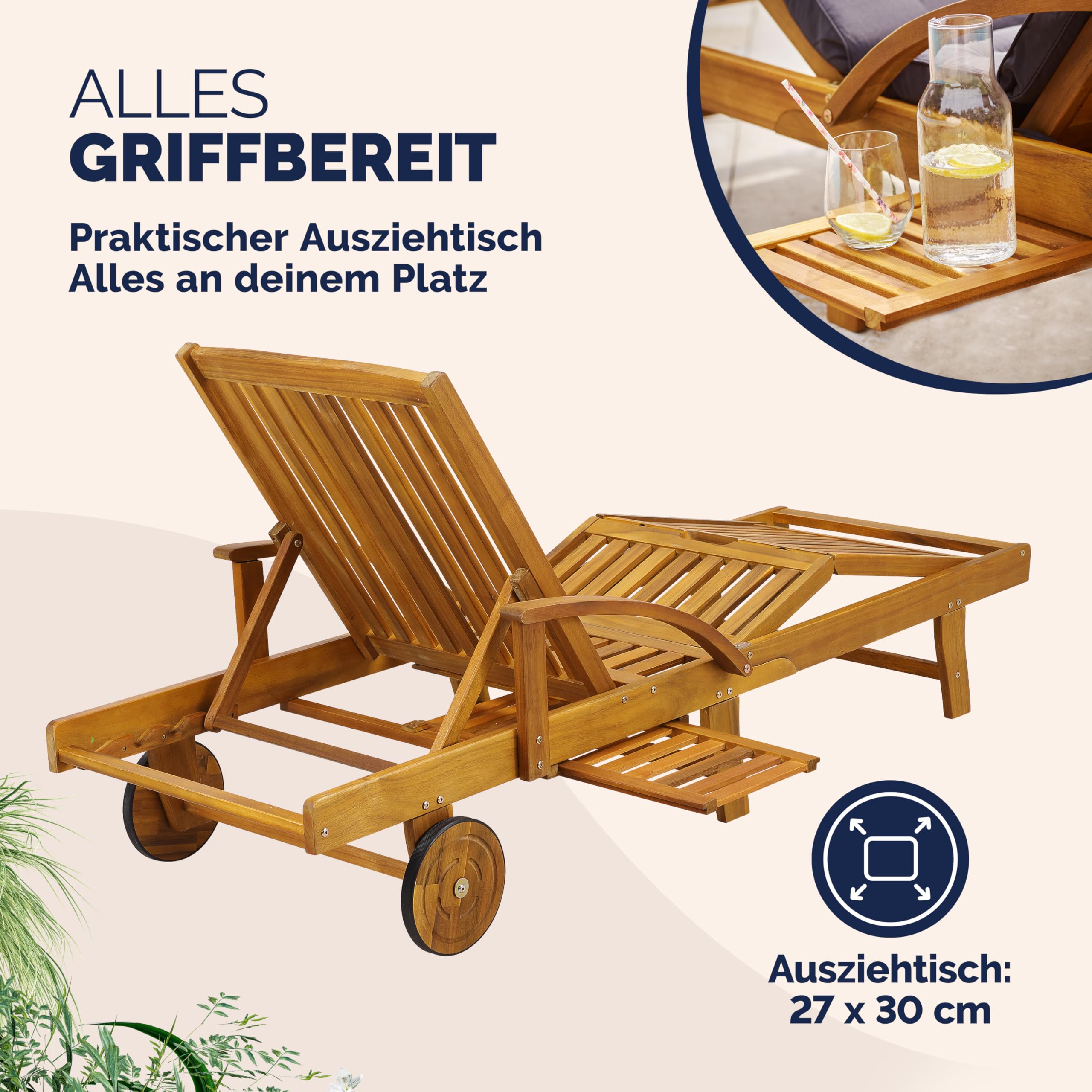 Casaria® Sonnenliege Klappbar Wetterfest Holz Gartenliege 160kg Belastbar mit 2 Räder Ablage Tisch Liegestuhl Verstellbare Rücken- Fußlehne Garten 196cm