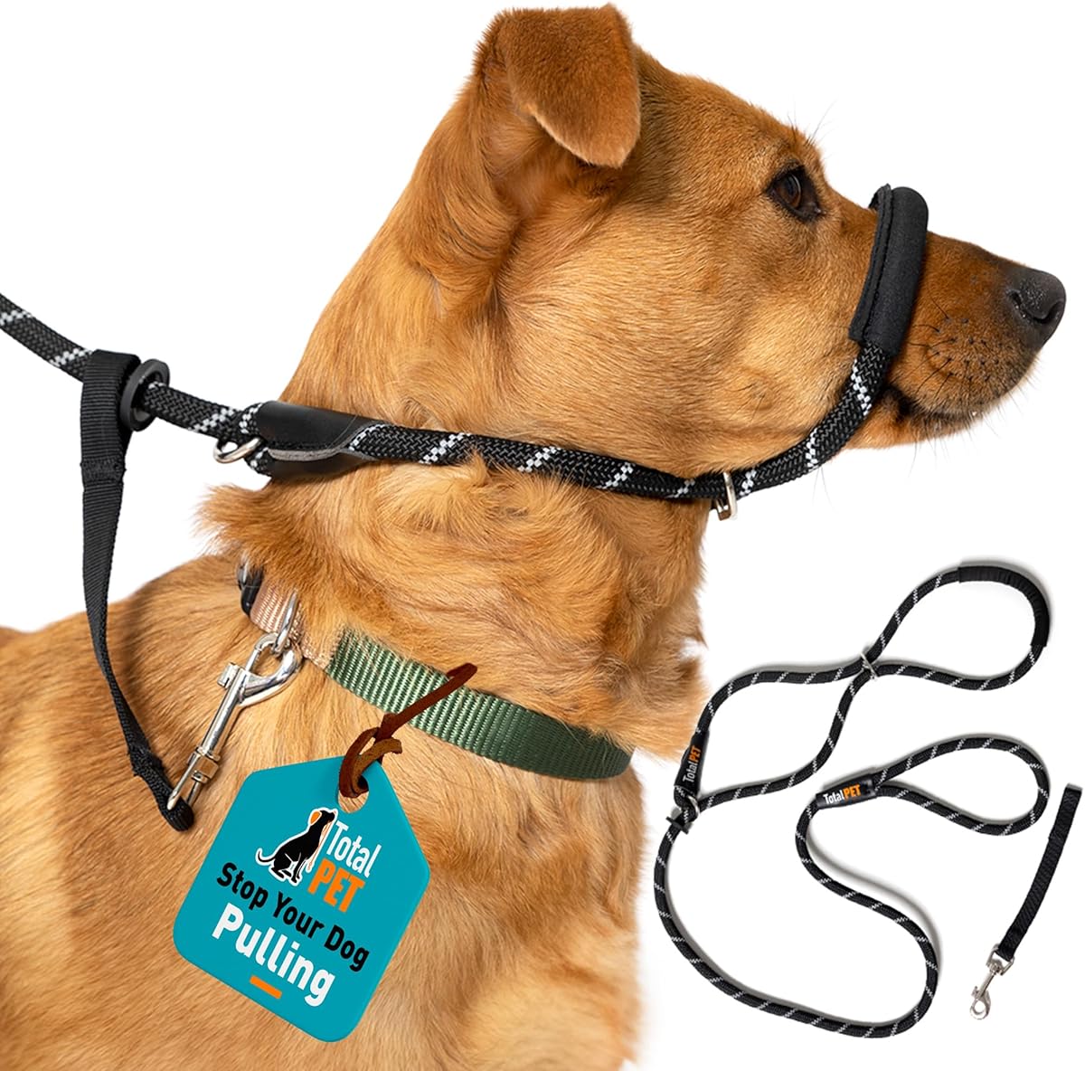 Total Pet Figure of 8 Dog Lead - Anti Pull Stop Dogs Pulling - Rope Slip Leads with Padded Nose Support (Medium/Large) Black