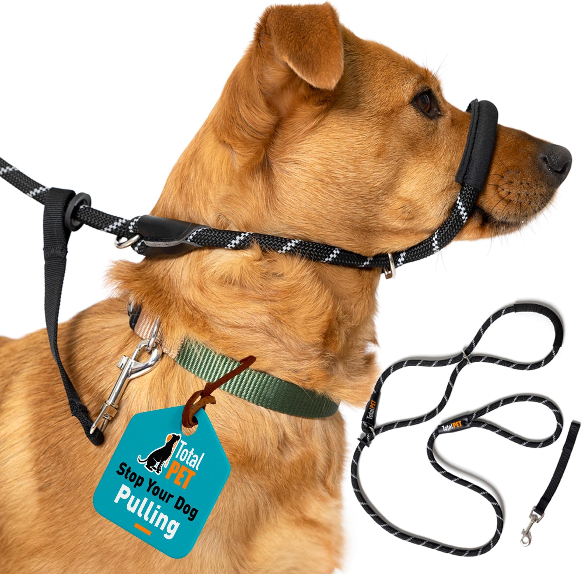 Total Pet Figure of 8 Dog Lead - Anti Pull Stop Dogs Pulling - Rope Slip Leads with Padded Nose Support (Black, Medium/Large)