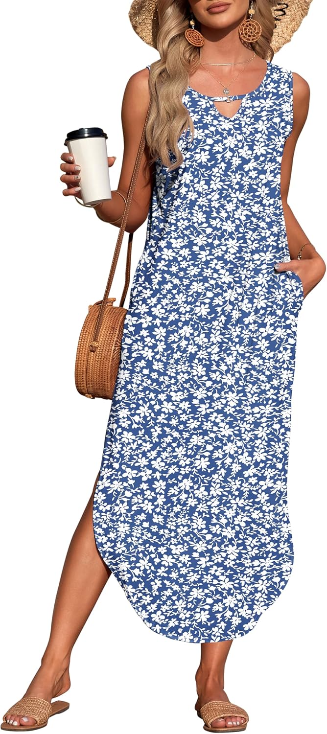MISFAY Women's Summer Maxi Dress Sleeveless Loose Long Beach Split Dresses with Pockets