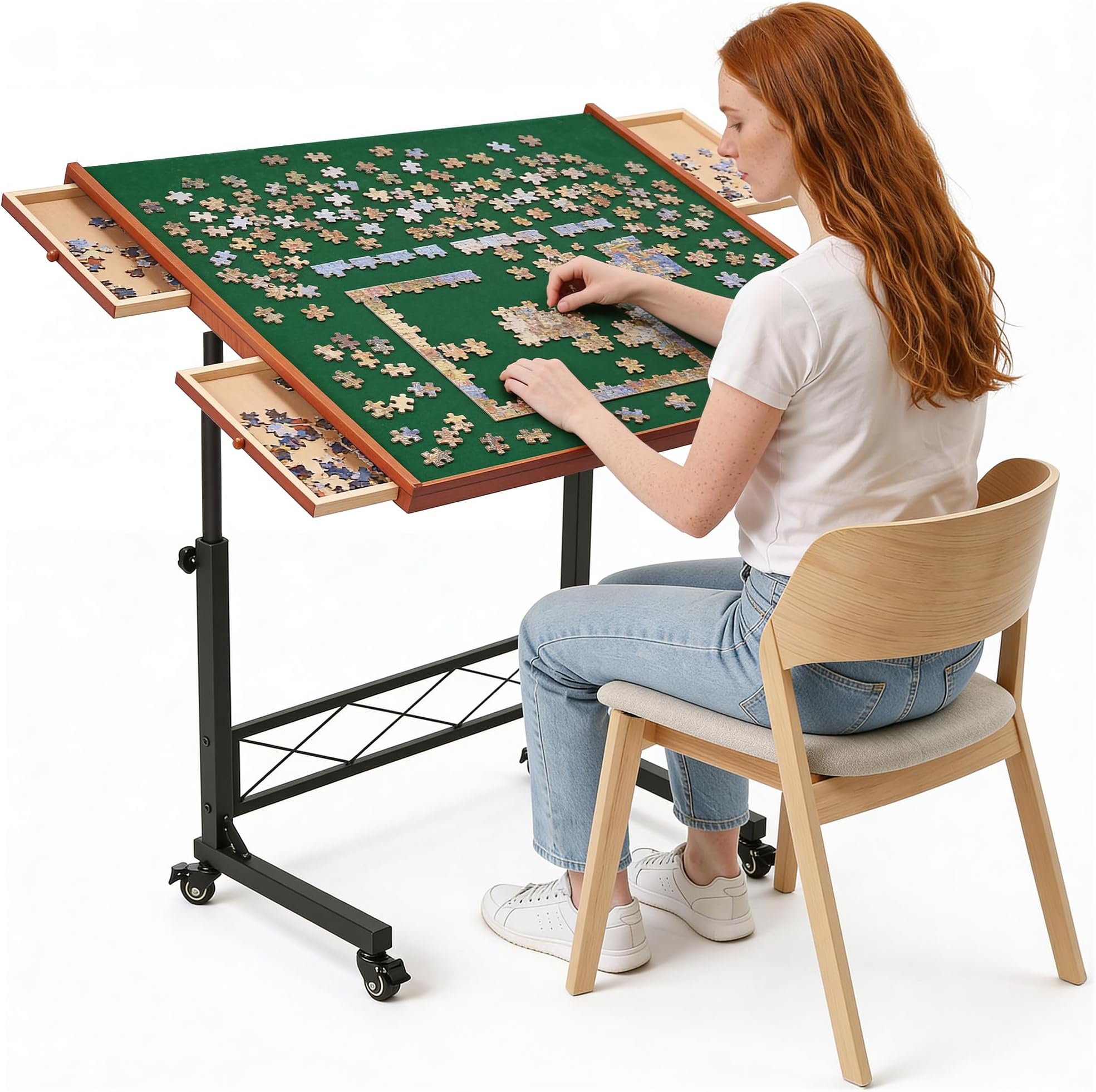 JoyBerri Jigsaw Puzzle Table with Drawers โ Adjustable Height, All Ages | Portable puzzle station, for 1500 piece, 9 height levels, locking wheels, cover & bonus puzzle included
