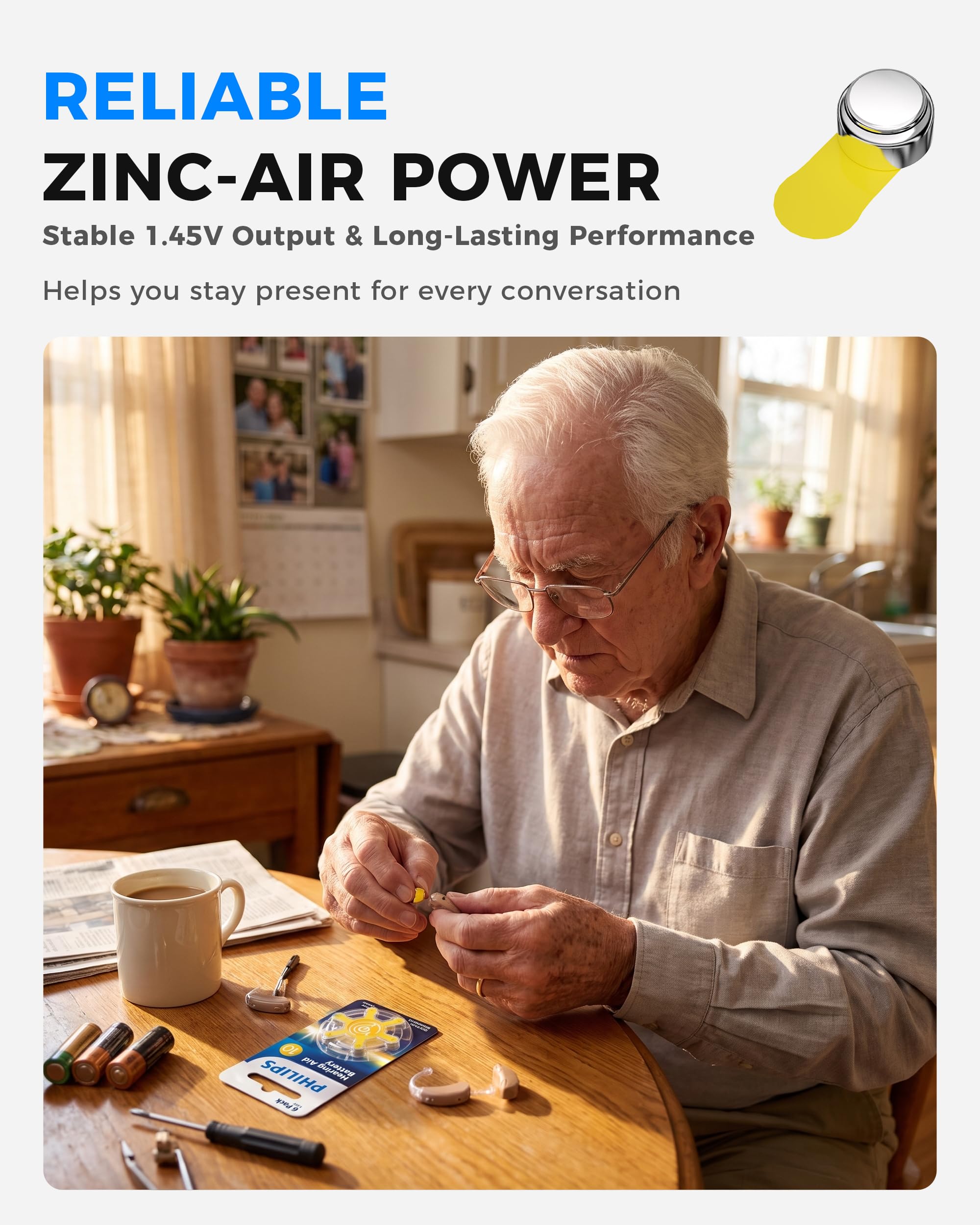 PHILIPS Paquete de 60 pilas para audífonos tamaño 10, zinc aire de 1,45 V, potencia de larga duración sin mercurio con pestaña fácil y embalaje resistente a los niños, naranja, para audífonos y