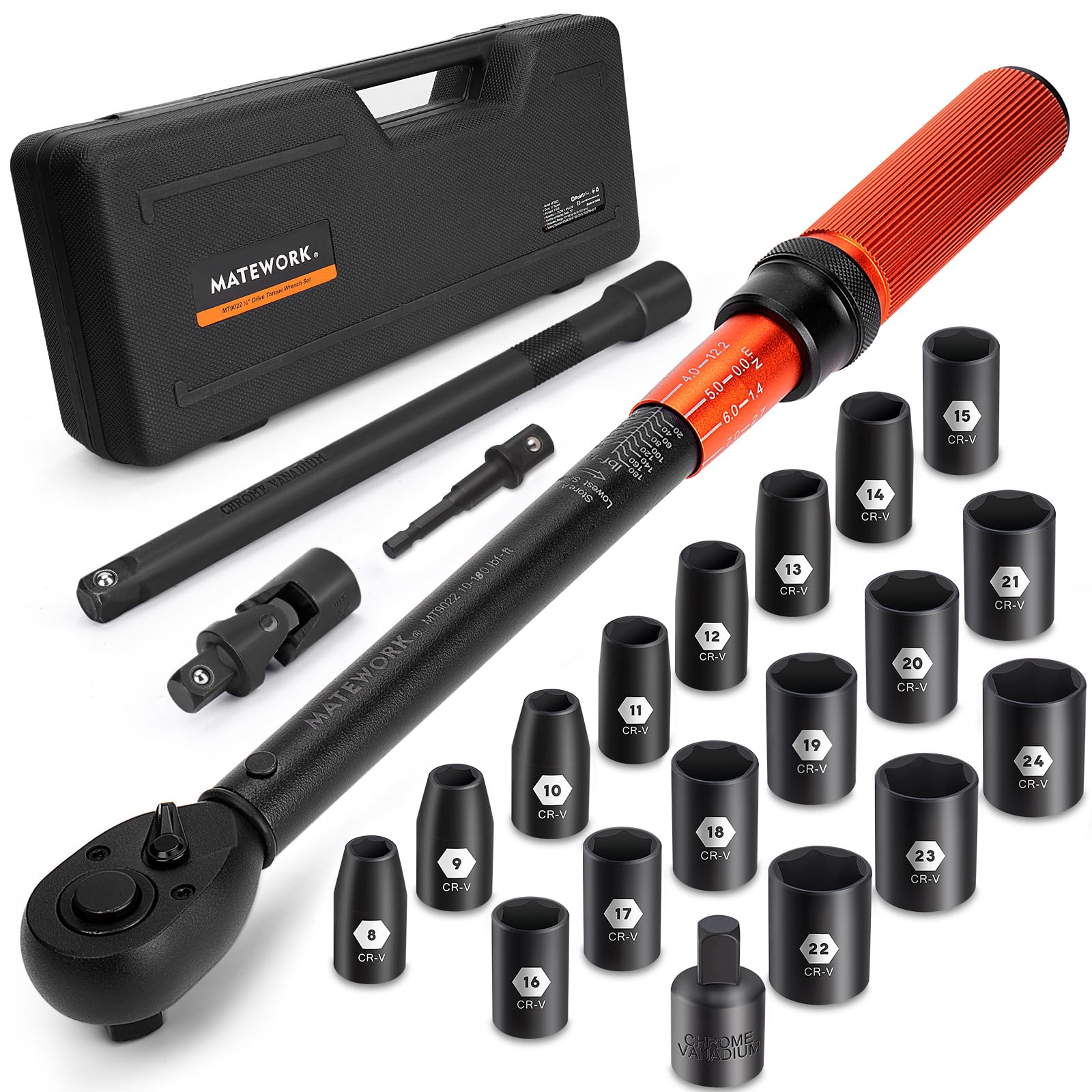 Admw トータルワークス2点set 1/2-Inch Drive Torque Wrench Set 22PCS, 10-180FT.LB/13.6-244.1Nm