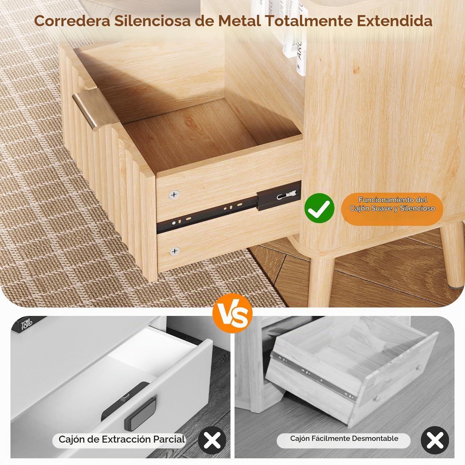 Bonnlo Mesita de Noche con Patas Madera, Mesilla de Noche 40x30x56 cm, Soporta 25 kg, Cajón Suave y Estantería Abierta, Resistente al Agua, Ideal para Dormitorios Pequeños, Color Roble