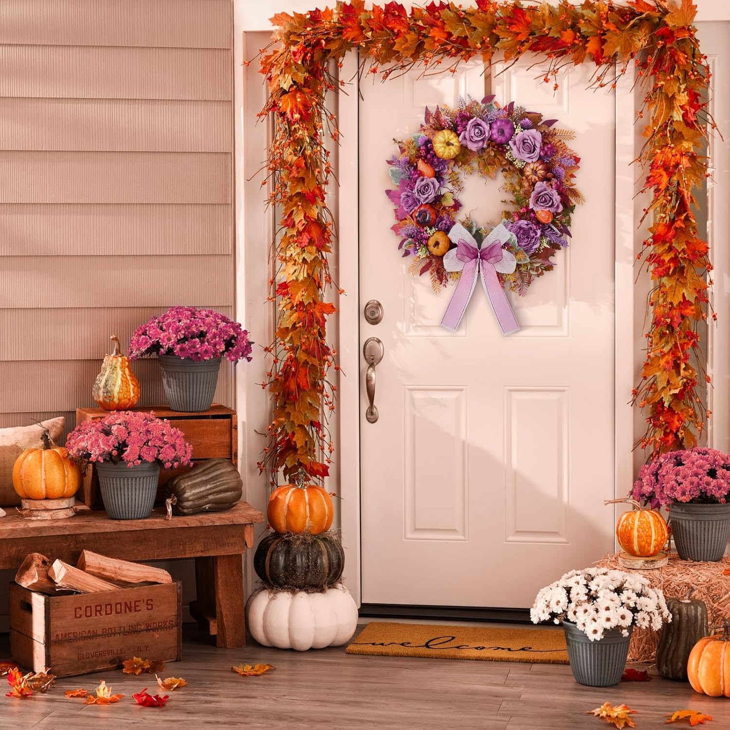 2 Pcs Fall Wreath Decor - 2025 Fall Wreaths for Front Door Outside with Blooming Silk Rose, Lifelike Fall Pumpkin Purple Berries & Bow, 18" Fall Door Wreath with Lights for Thanksgiving Door Outside