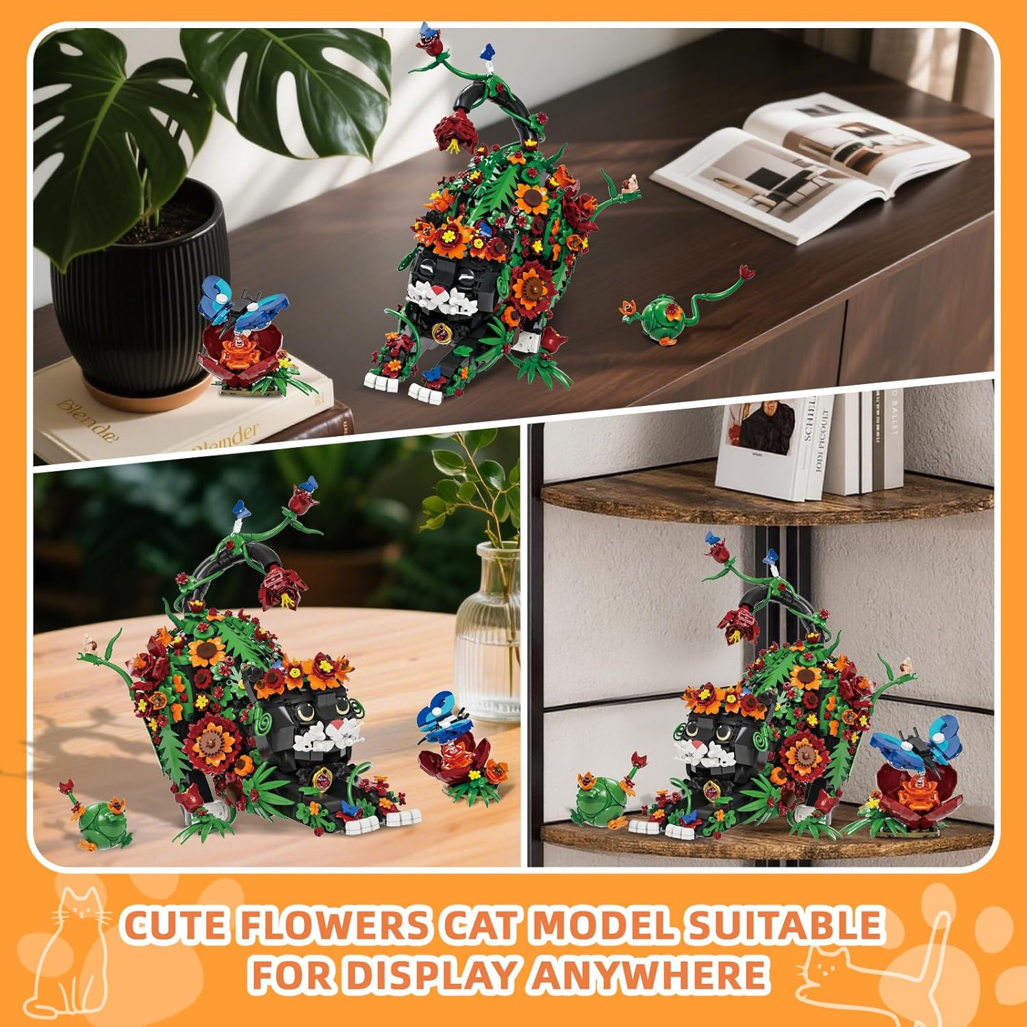 Flowers Tuxedo Cat Building Set for Adults, Animal Butterfly Botanical Collection Model Toy for Home Office Decor, Compatible with Lego Cat, Gift Idea for Teens Boys & Girls 14+ (1664 PCS)