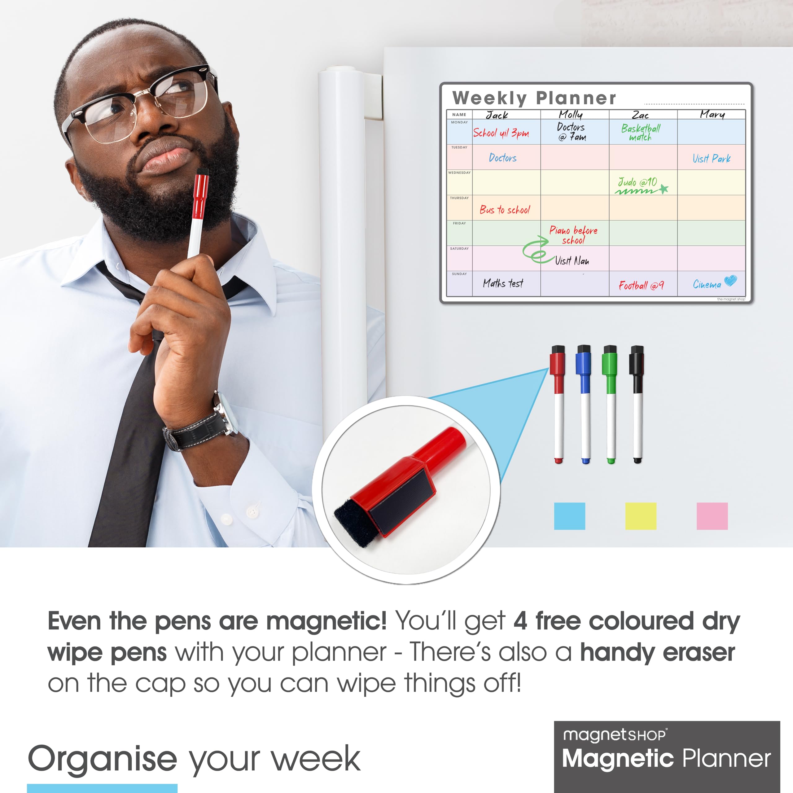 TMS Agenda semanal magnética A3 | Pizarra blanca personalizable para tareas y planificación de comidas | 4 bolígrafos magnéticos 42x30cm