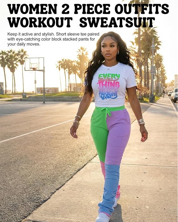 Casual 2 Piece Outfit Sets for Women Color Block Short Sleeve T-Shirts + Stacked Flare Pants Tracksuit Sweatsuit
