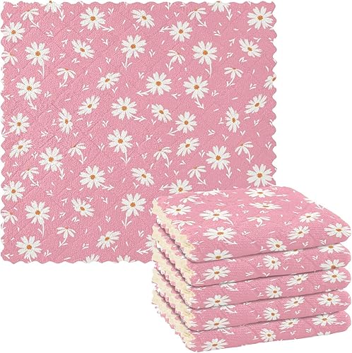 linqin Chamomile Daisy Flowers 6 Pack Fast Drying Microfiber Kitchen Towels Decorative Soft Car Drying Towels Reusable for Bathroom Coffee