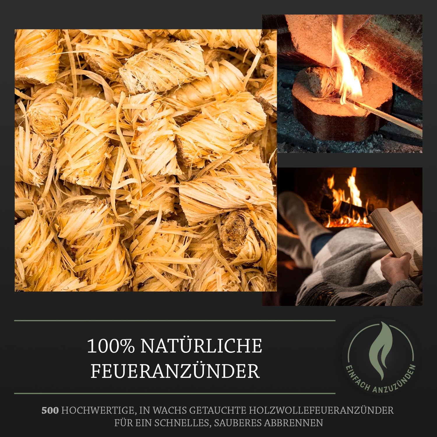 Log Barn Natürliche Anzündwolle - 500 Stück, Öko Anzünder Holzwolle für Holzöfen, Pizzaöfen, offene Feuer, Kaminanzünder und Grillanzünder - Echtes Log Barn Anfeuerholz (500 PC)
