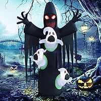 Vista 1 de Inflable de cosechador con fantasma fugitivo en el pecho con luces LED para Halloween, decoración de patio o exteriores, jardín, fiesta, hogar