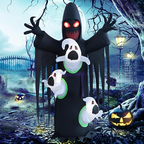 Inflable de cosechador con fantasma fugitivo en el pecho con luces LED para Halloween, decoración de patio o exteriores, jardín, fiesta, hogar o