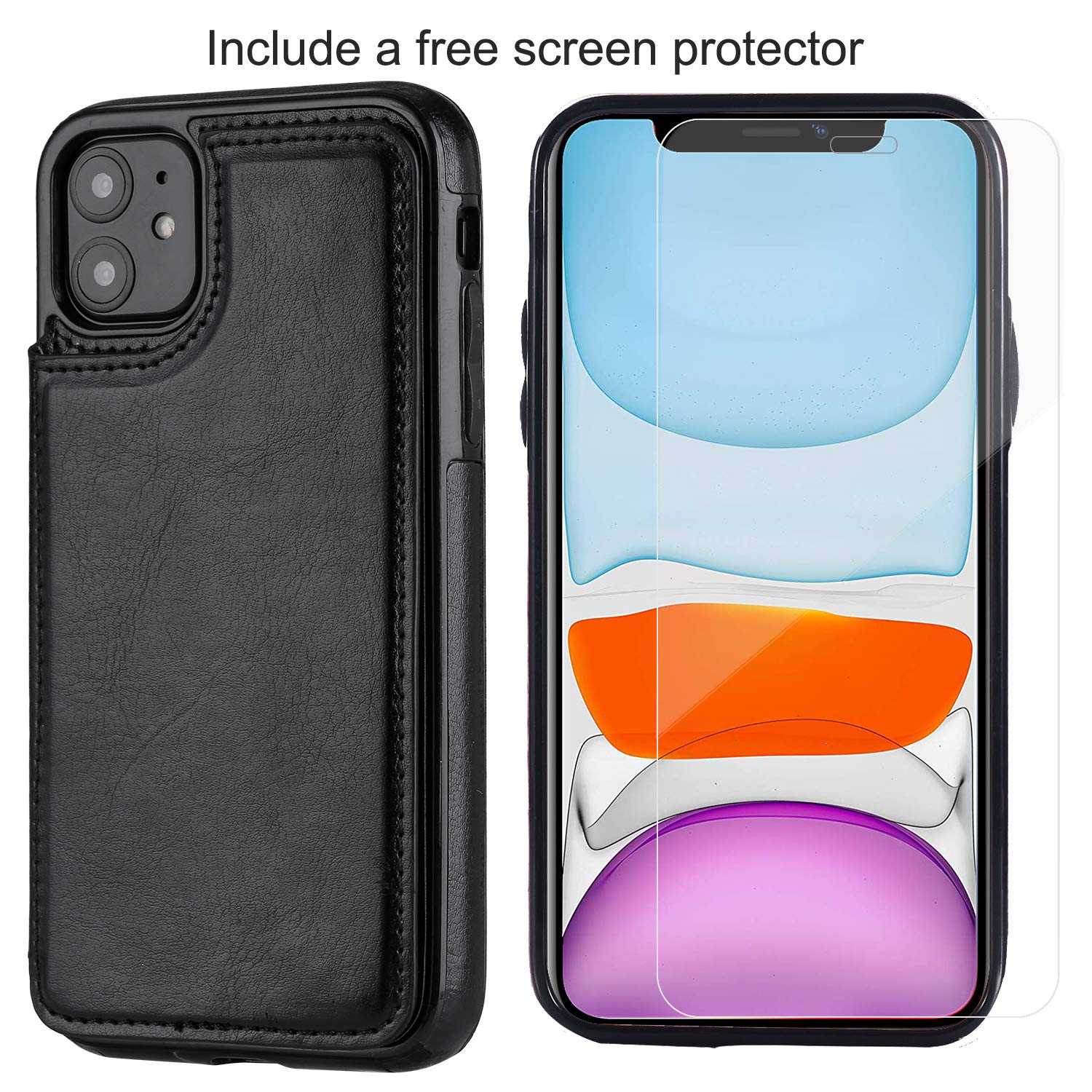 JOYAKI Wallet Case Compatible with iPhone 11 with Card Holder,PU Leather Kickstand Card Slots Case with a Free Screan Protector,Double Magnetic Clasp and Shockproof Cover for iPhone11(6.1