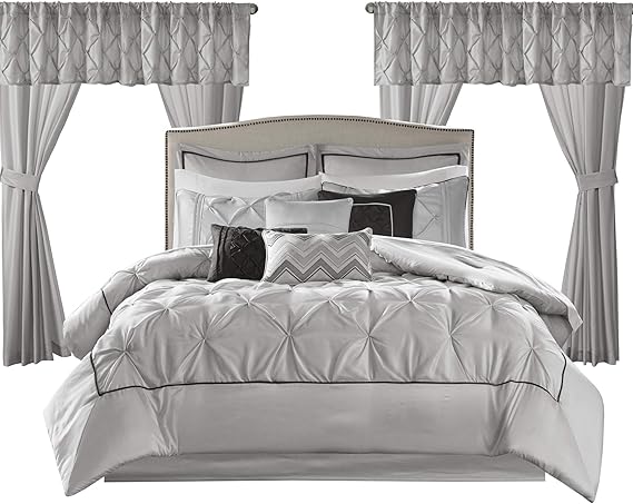 Madison Park Essentials Room in a Bag Faux Silk Comforter Set - Luxe Diamond Tufting All Season Bedding, Matching Curtains, Decorative Pillows, Grey Queen(90x90) 24 Piece