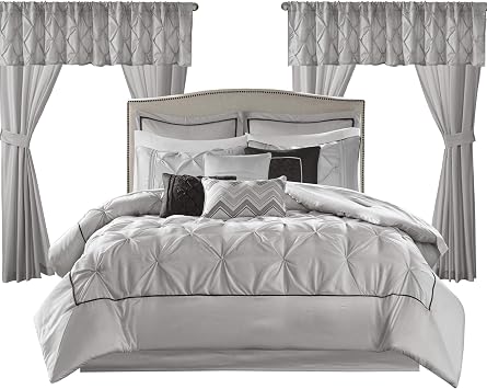 Madison Park Essentials Room in a Bag Faux Silk Comforter Set - Luxe Diamond Tufting All Season Bedding, Matching Curtains, Decorative Pillows, Grey Queen(90x90) 24 Piece