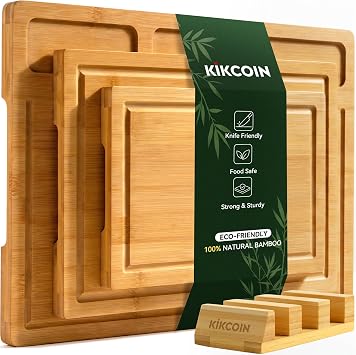 Kikcoin Cutting Board with Rack, 4-Piece Bamboo Wood Chopping Boards, Wooden Charcuterie Board for Kitchen