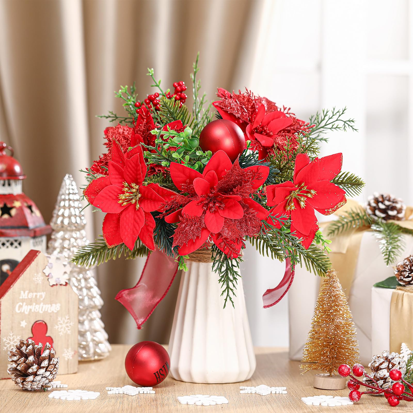 Giegxin Lot de 4 buissons de poinsettia en velours synthétique de 35 cm pour intérieur et extérieur - Décoration de sapin de Noël - Décoration de porche (rouge)
