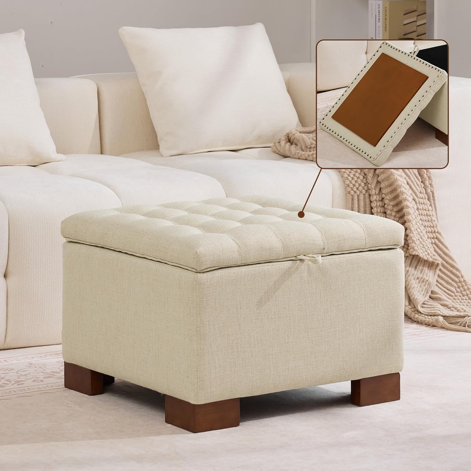 24" Fabric Square Storage Ottoman with Wooden Tray, Modern Tufted Button Footstool Coffee Table, Upholstered Small Ottoman for Living Room, Bedroom, Khaki