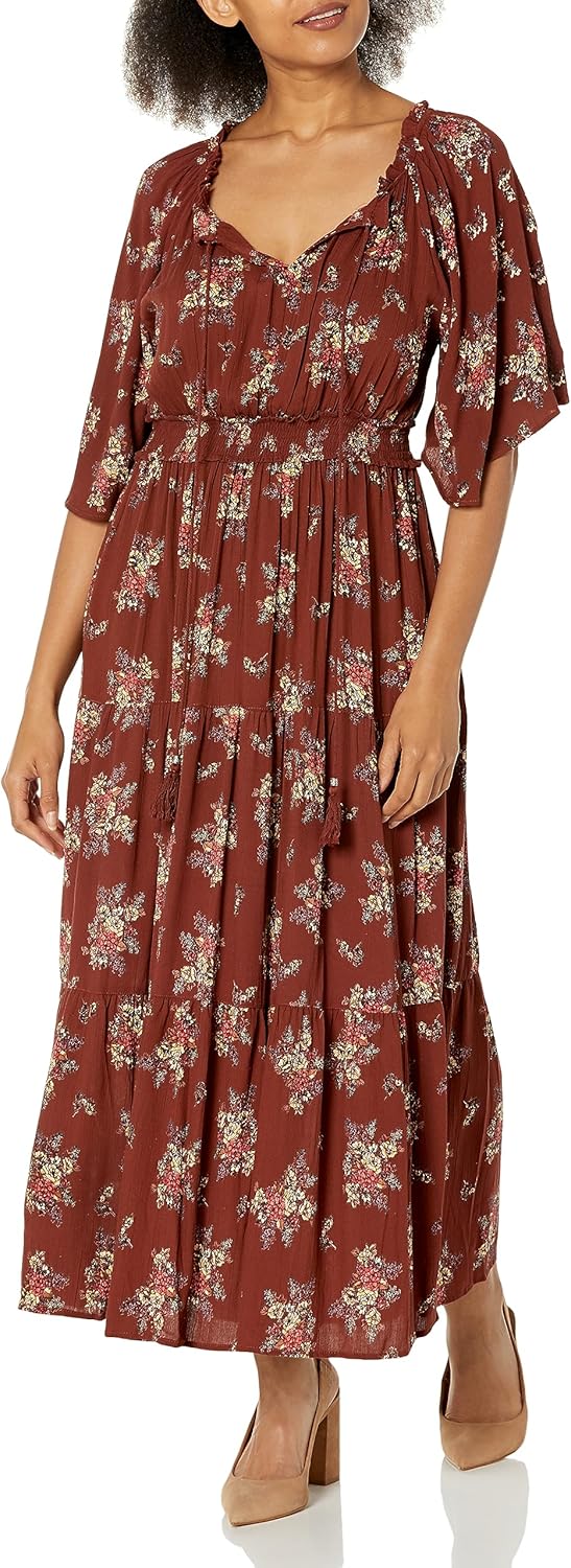 Angie Women's Angie Women's Short Sleeve Tie Neck Cinch Waist Maxi Dress