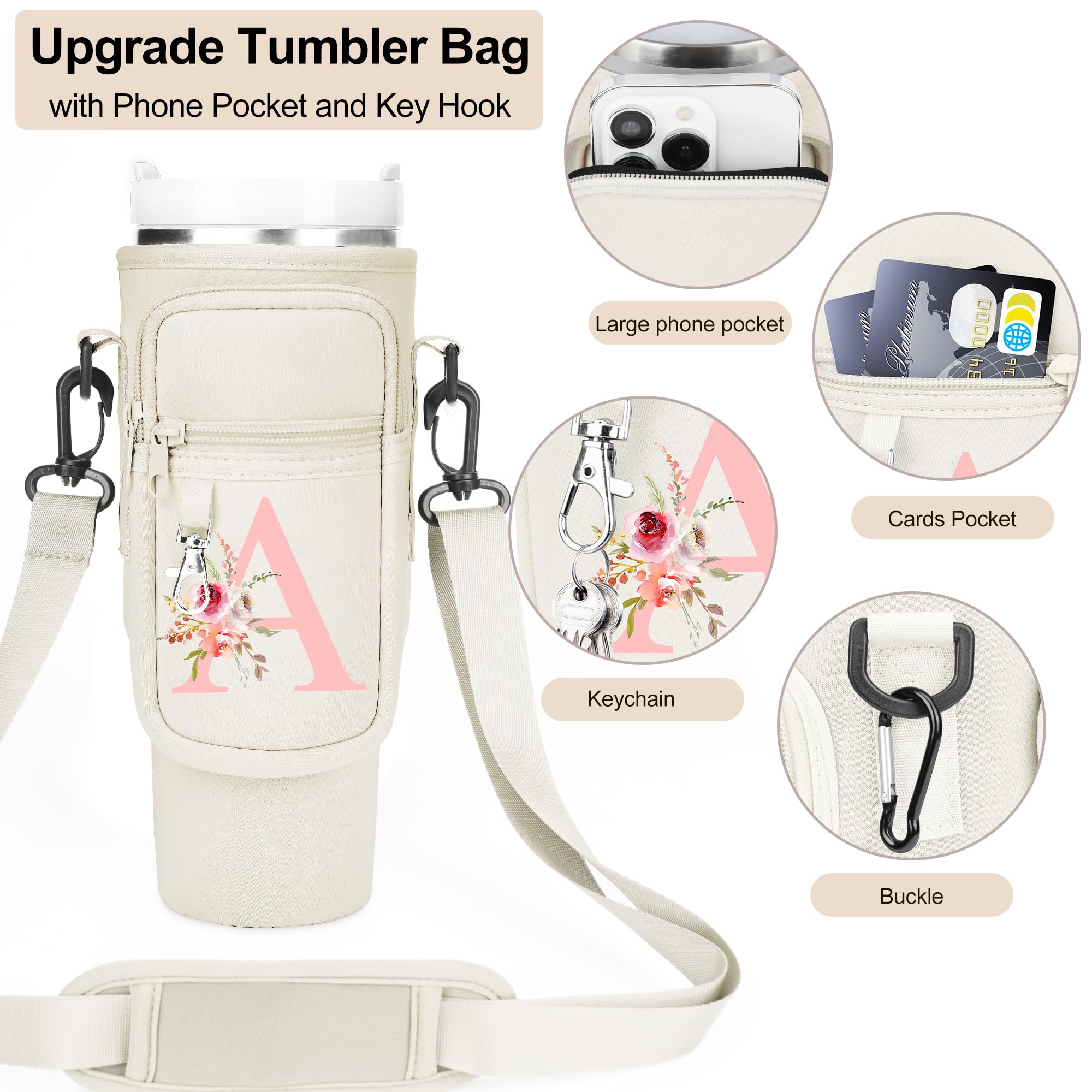 Soporte para botellas de agua M-Z con correa para vaso Stanley de 40 onzas, portabotellas de agua de neopreno con bolsillo patrón para teléfono, regalo personalizado para senderismo Stanley Cup