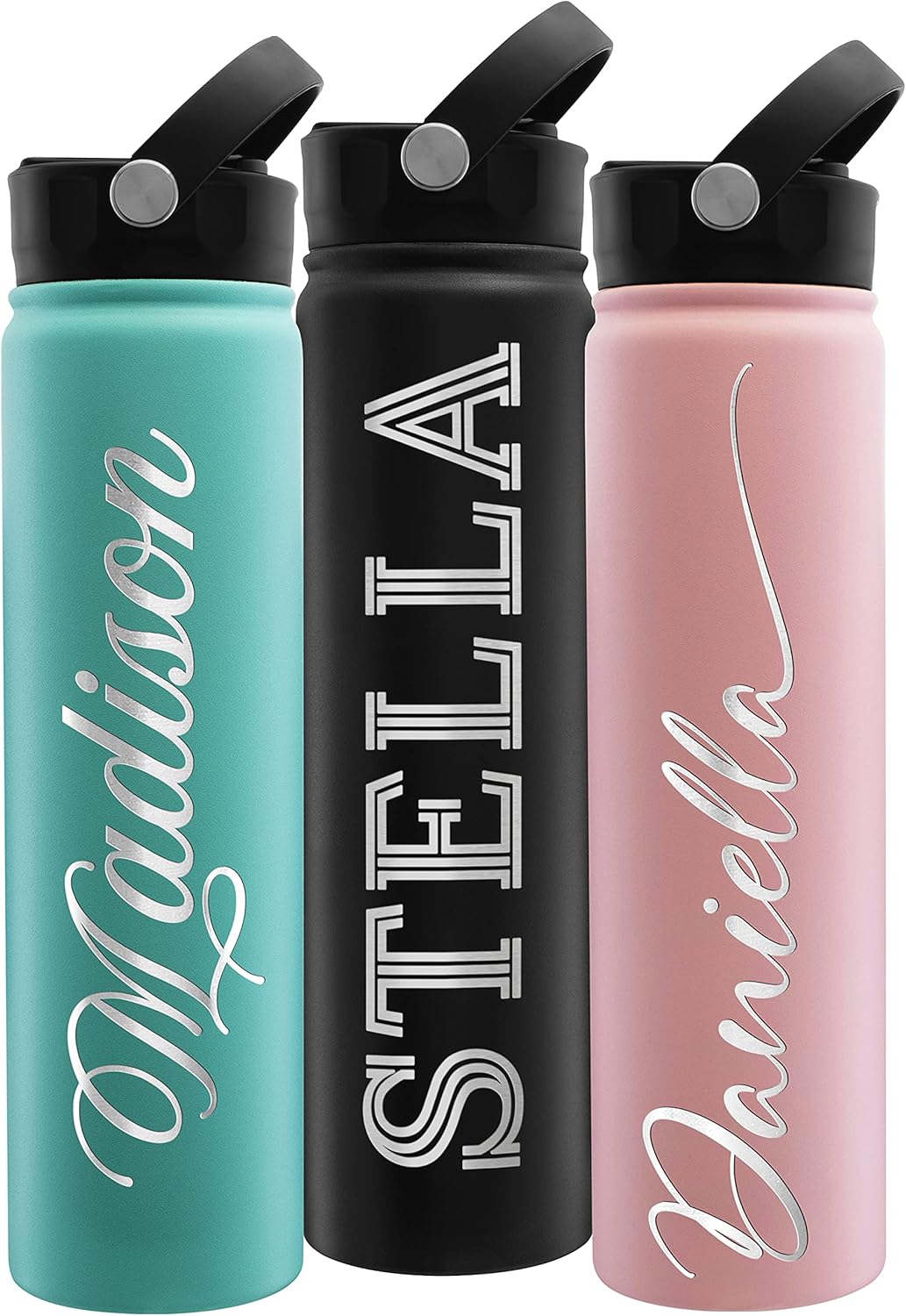 Lara Laser Works Personalized Water Bottle with Straw Lid, 3 Sizes & 9 Colors - Birthday Gifts for Women | Custom Stainless Steel Sports Water Bottle w/Name, Text - Double Wall Insulated