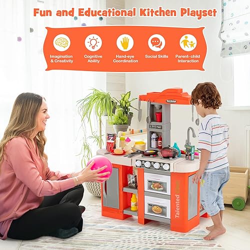 Miniatura 2 de Costzon Juego de cocina para niños, 67 piezas de juguetes de cocina con fregadero de juego, luces realistas, sonidos de simulación de vapor de