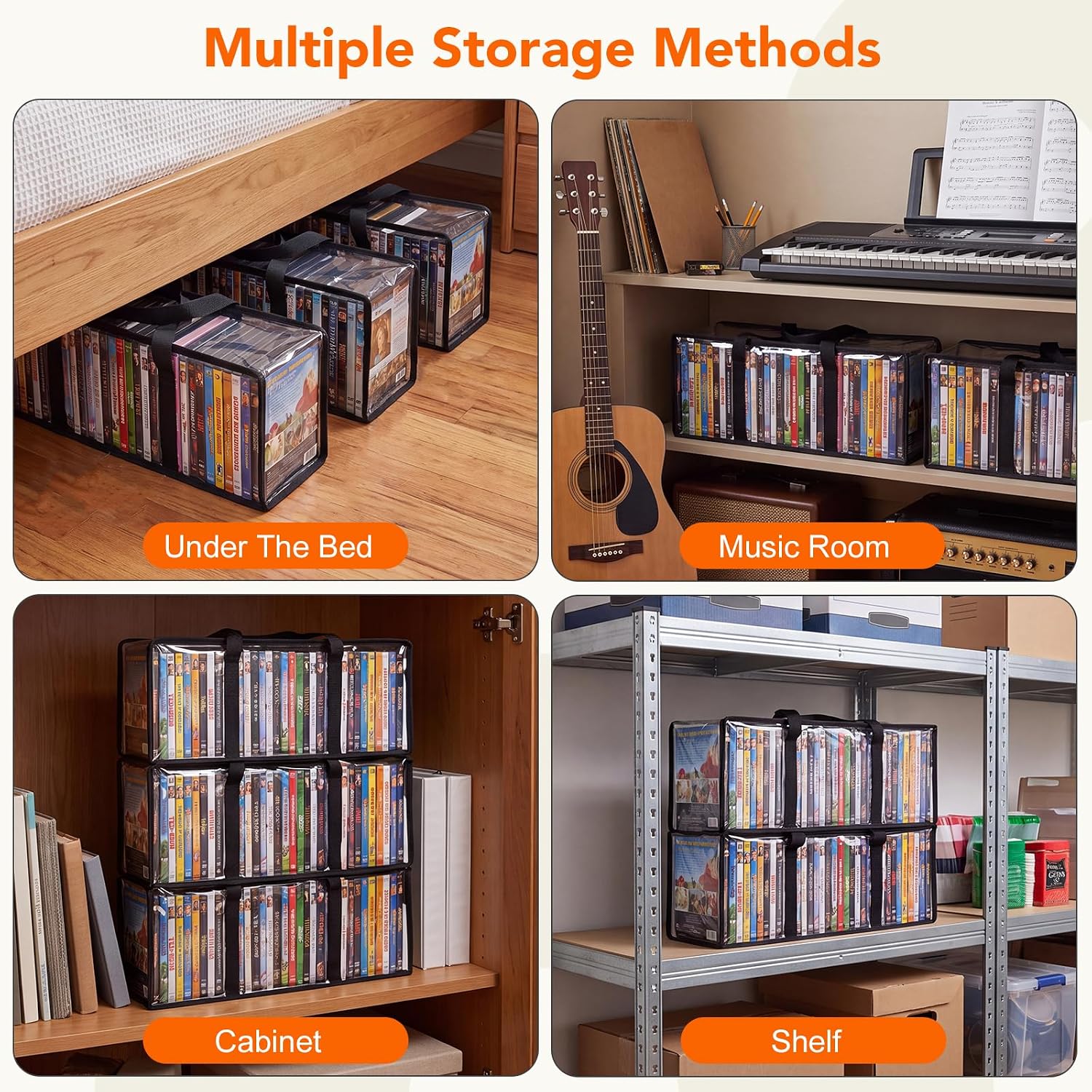 Dntorx DVD Storage Bags 4 Pack, Clear PVC DVD Case Holder Organizer Stackable Media Organizer with Handles Zipper Hold up to 140 DVDs (35 Each Bag) for DVDs, CDs, Video Game Discs,Movie Cases