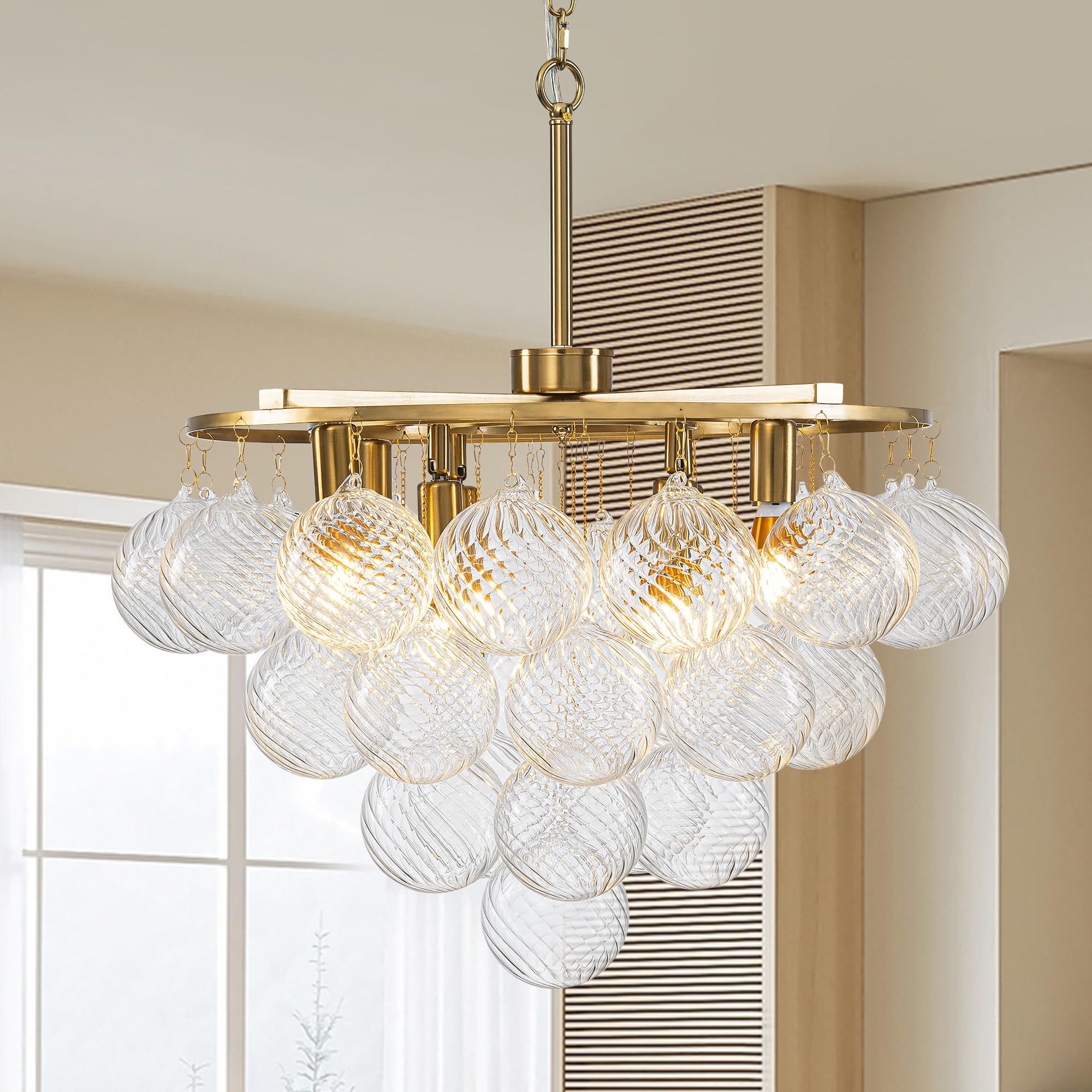 BeyPan Blown Glass Bubble Chandelier Gold Upside-Down Triangle Swirled Chandeliers 8-Light 24 Inch Dia 4-Tier Glass Ball Pendant Light Fixture for
