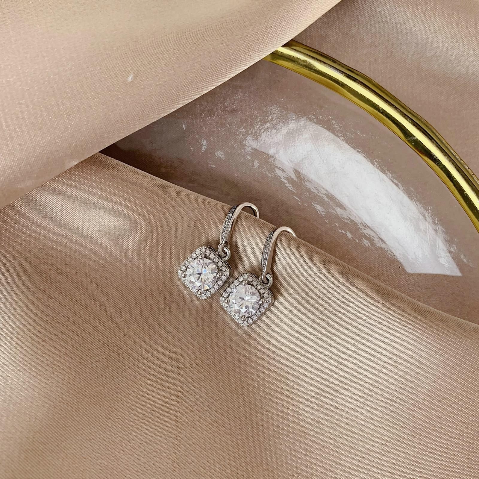 Pendientes de oro blanco 750, pendientes de oro auténtico para mujer, diseño cuadrado clásico con moissanita, pendientes de boda para mujer, oro blanco