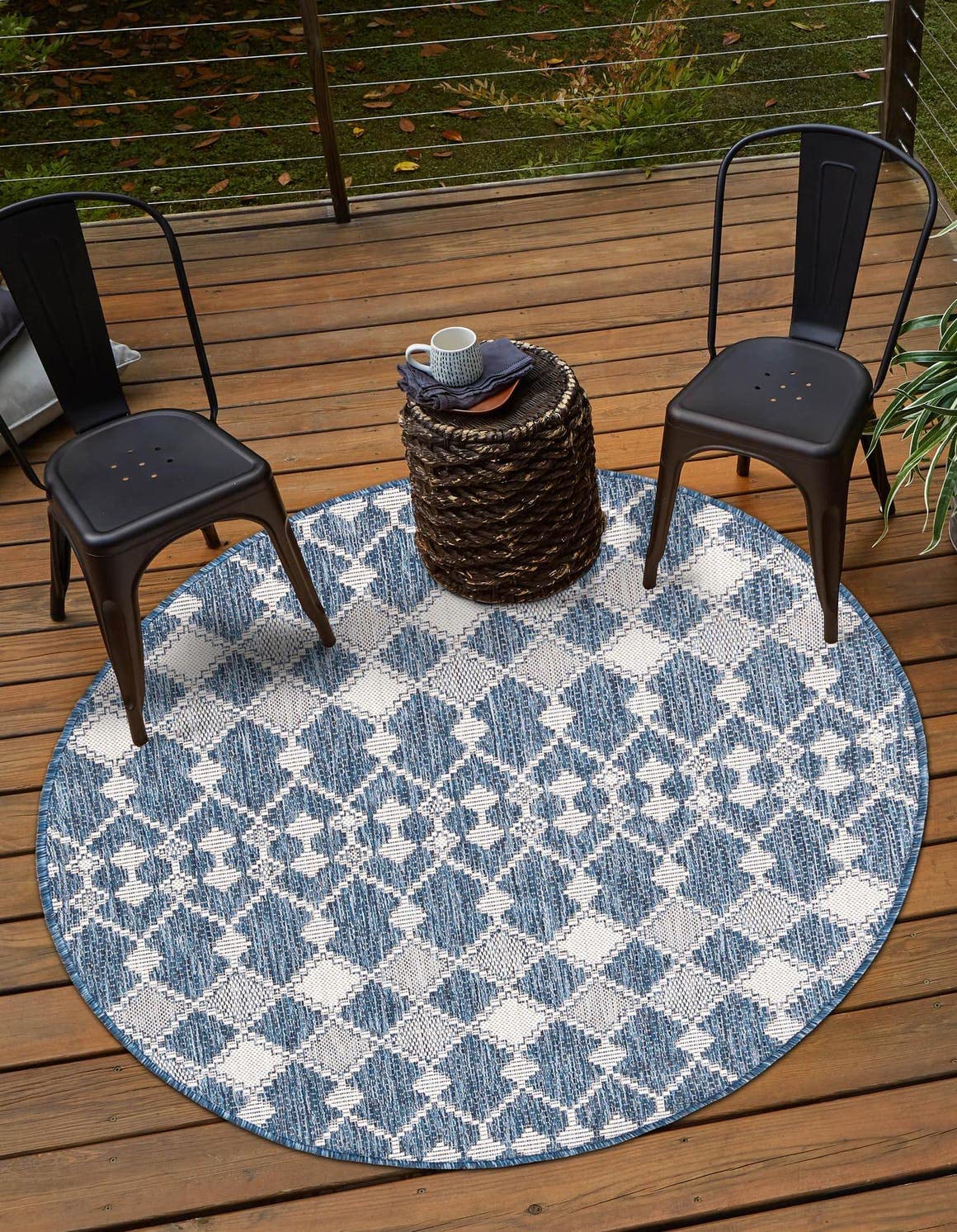 Unique Loom Outdoor Trellis Collection Area Rug - Traliccio (10' Round, Blue/ Ivory)