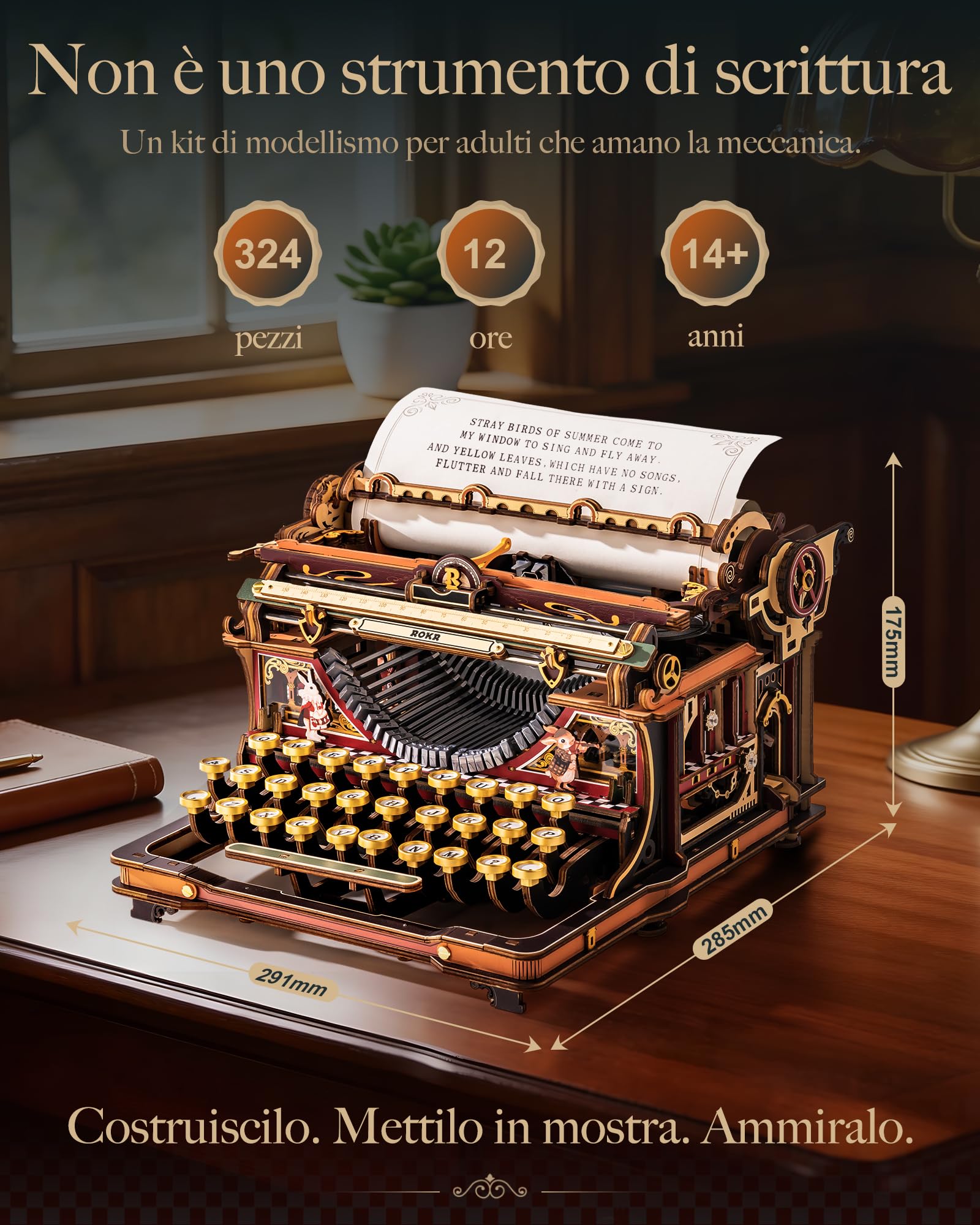 ROKR Puzzle 3D in Legno Macchina da Scrivere Meccanica Modellino, Kit Costruzione Fai da Te per Adulti, Arredamento da Scrivania Retro, Mechanical Typewriter (Versione Magica) LK703C
