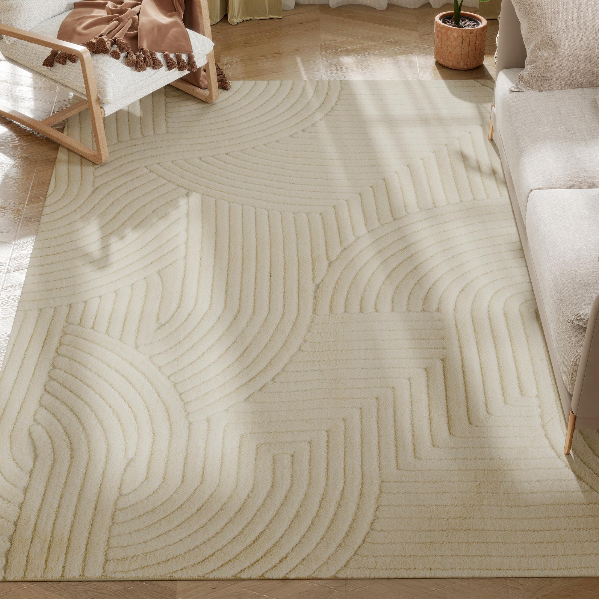 HOMCOM Tappeto Moderno Antiscivolo in Poliestere e Cotone, Tappeto Pelo Corto con Design di Linee, per Soggiorno, Camera da Letto, Sala da Pranzo, 230x160x1.7 cm, Crema