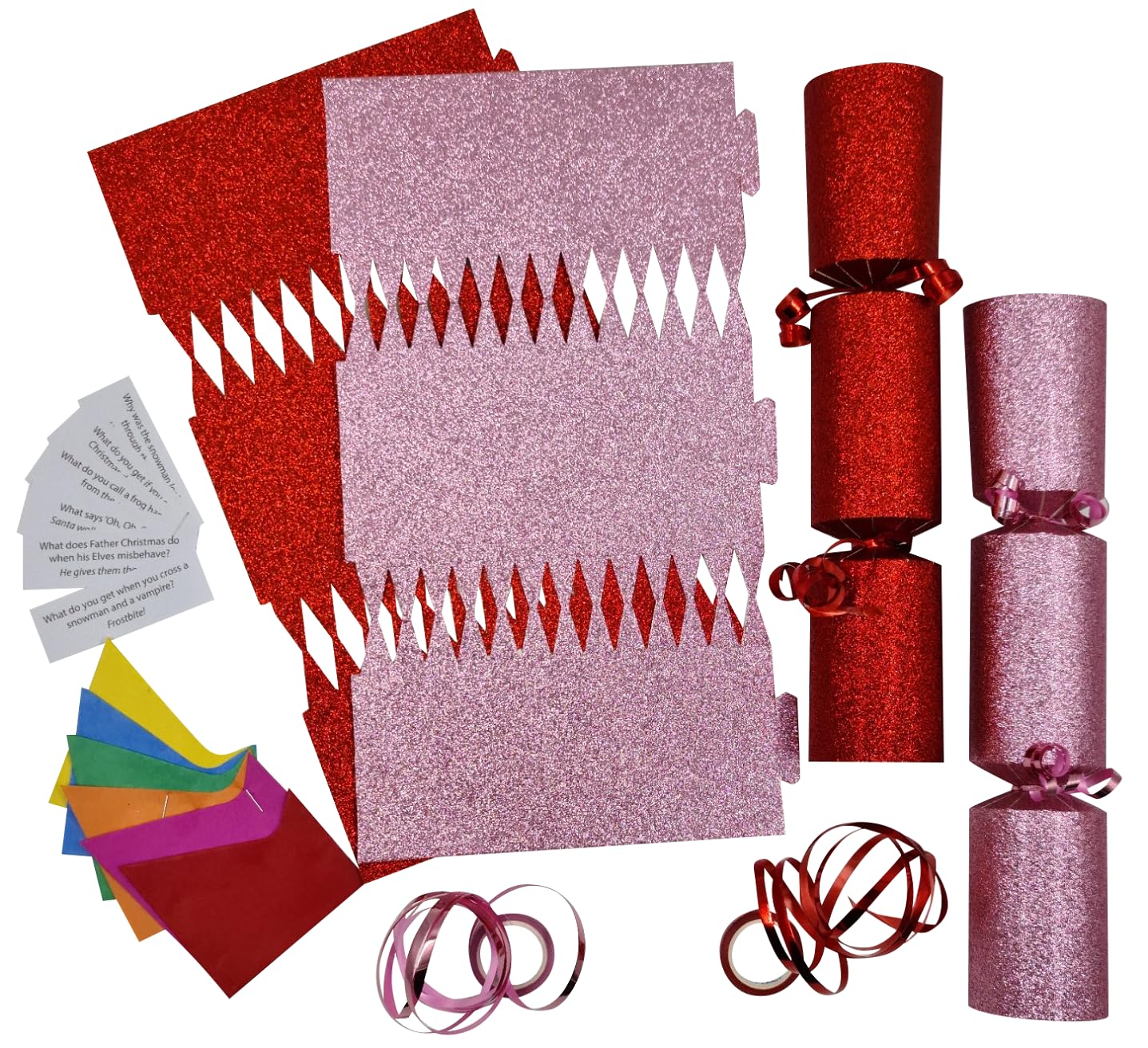 evelay 12 Make Your Own Christmas Cracker kit Crackers Hats Snaps Red Gold Green Blue Pink White Silver Glitter Crackers (Red and Pink Glitter)