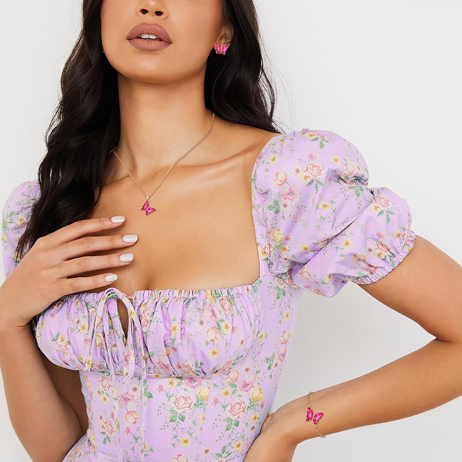 Crysdue Sparkling Cubic Zirconia Butterfly Necklace Stud Earrings Adjustable Slider Bracelet Jewelry Set, Birthday/Valentines/Mothers Day/Christmas Jewellery Gift for Women - Image 2