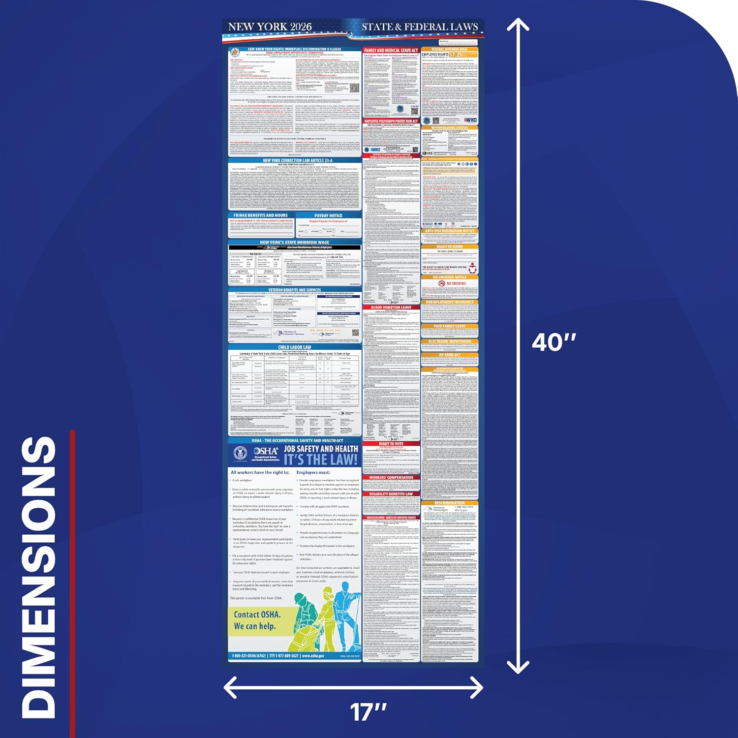 2026 New York State and Federal Labor Law Poster - English Version - OSHA Workplace Compliant - Mandatory Regulations Posting for Employees - All in One Required Compliance Posting 17" x 40" Laminated - Image 2