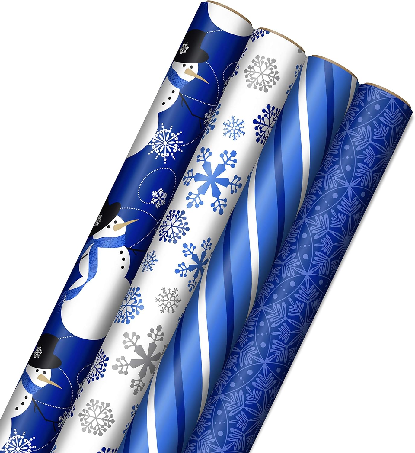 Hallmark Image Arts Blue Christmas Wrapping Paper with Cut Lines on Reverse (4 Rolls: 120 sq. ft. ttl) Snowmen, Snowflakes, Blue and White Stripes Blue Holiday