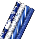 Image Arts Blue Christmas Wrapping Paper with Cut Lines on Reverse (4 Rolls: 120 sq. ft. ttl) Snowmen, Snowflakes, Blue and White Stripes
